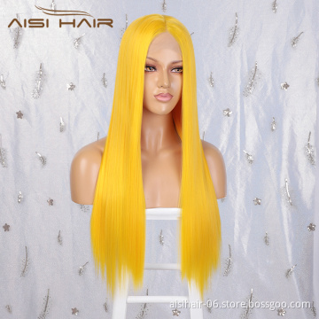 Aisi Hair Top Quality Long Silky Straight Yellow Wig Cosplay Swiss Lace Wig Cheap Synthetic Lace Frontal Wigs For Black Women